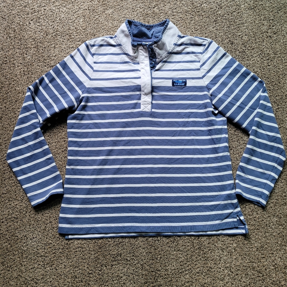 LL Bean Mens Pullover Sweater L Blue White Striped Quarter Lake 100% Cotton